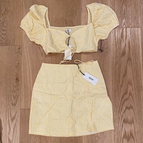 RAHI Kiley Gingham Check Mini Skirt & Crop Top Set Yellow White Size S - Picture 3 of 7